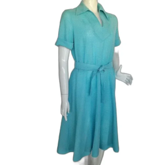 KAY WINSOR Day Dress, L, Aqua Blue, Short sleeves, Dagger collar, VINTAGE - Picture 2 of 13